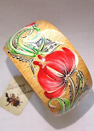 Деревянный браслет на руку ручной работы "красный тюльпан"