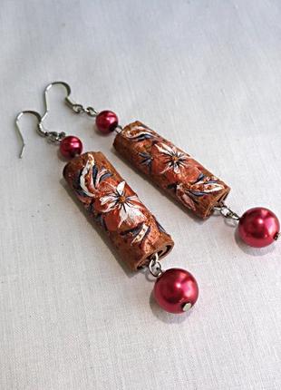 Серьги ручной работы из дерева корицы "цветок бронзовый"