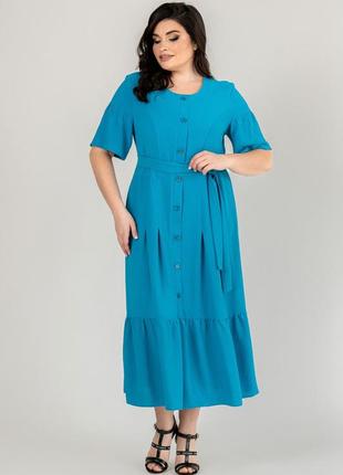 Элегантное женское легкое однотонное платье с поясом, для пышных форм3 фото
