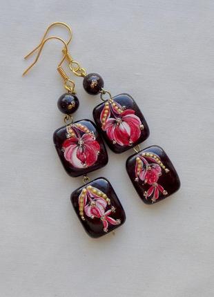 Сережки підвіски з дерева ручної роботи "квітковий водоспад"