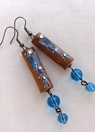 Сережки ручної роботи з дерева кориці "блакитна аква"