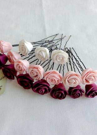 Набір шпильок для волосся ручної роботи "трояндочки бордові і персикові"