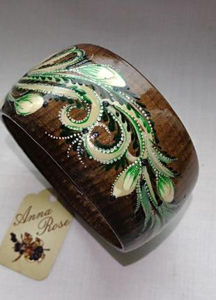 Деревянный браслет коричневый ручной работы "зеленый пион"4 фото