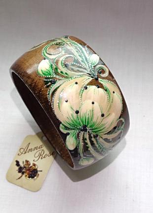 Дерев'яний коричневий браслет ручної роботи "зелена півонія"