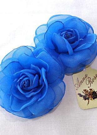 Заколка-уточка с цветком из ткани ручной работы "синяя чайная роза"