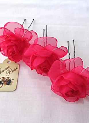 Шпильки для волос с цветами из ткани ручной работы "чайная малиновая роза"