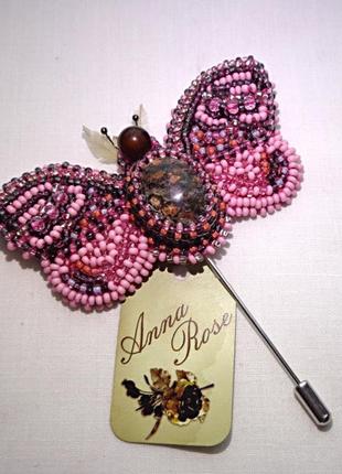 Брошка метелик ручної роботи з бісеру та яшми "рожевий метелик"5 фото