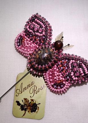 Брошка метелик ручної роботи з бісеру та яшми "рожевий метелик"2 фото