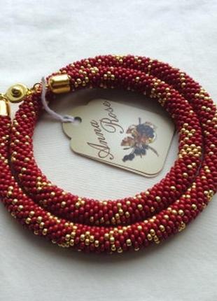 Бордовый набор украшений из бисера  жгут, серьги, браслет  "золотое зернышко"2 фото