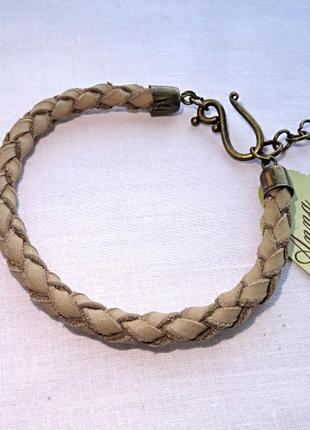 Кожаный мужской тонкий серый плетеный браслет ручной работы "мишель "