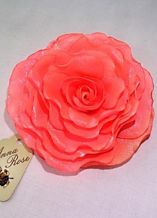 Брошь квітка з жовтої тканини ручної роботи "коралова троянда"