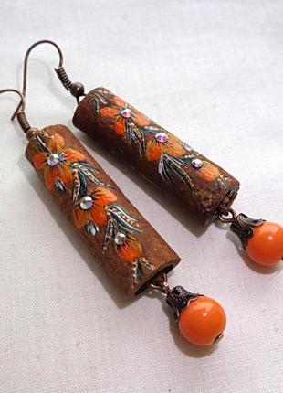 Сережки ручної роботи з дерева кориці "помаранчеве літо"1 фото