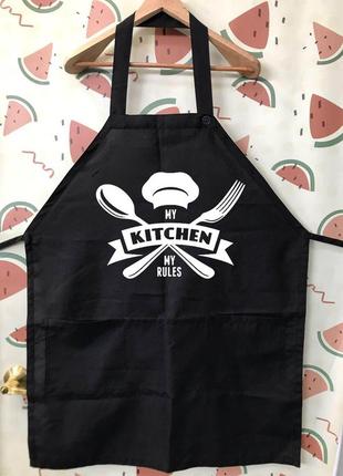 Фа000260 чорний кухонний фартух з написом "my kitchen my rules" і принтом