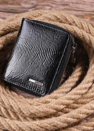 Лакированный кошелек для женщин с монетницей на молнии из натуральной фактурной кожи karya 21411 черный6 фото