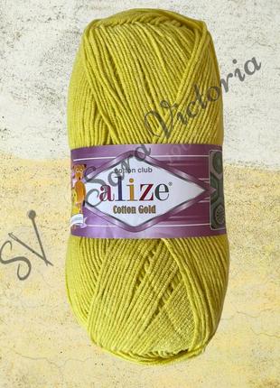 Желтая с зеленым оттенком пряжа alize cotton gold  (ализе котон голд) 668 желтый титан1 фото