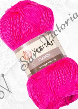 Тонкая  акриловая ярко розовая пряжа для вязания вышивания yarnart etamin (ярнарт этамин) 460 малиновый неон