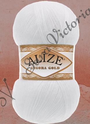 Белая пряжа с шерстью 550 м 100 г alize angora gold (ализе ангора голд) 55 белый