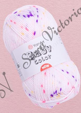 Акрилова пряжа меланжева yarnart baby color (ярнарт бебі колор) 5127 біла з жовтим малиновим фіолетовим.