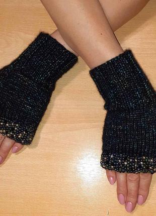 Митенки перчатки без пальцев с вышивкой со стразами и бисером2 фото