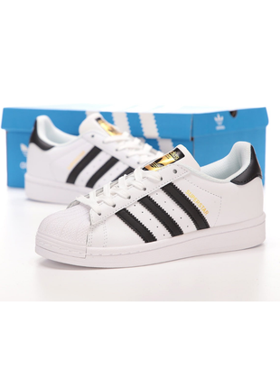 Кожаные классические кроссовки adidas superstar whute black