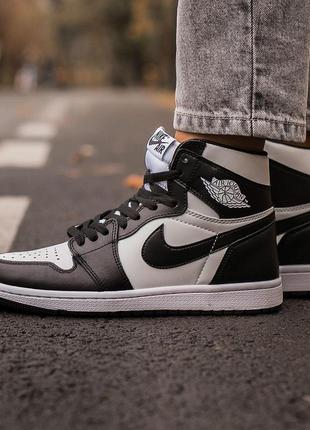 Nike air jordan retro 1 black white из кожи высокие1 фото