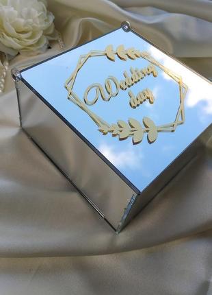 Скляна дзеркальна весільна скринька для обручок на весілля, коробочка,подушечка, подушка для колечок3 фото