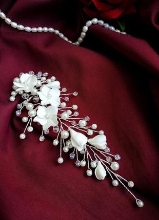 Ніжна гілочка з квітами у весільну зачіску нареченої, прикраса для волосся, гребінь, шпилька3 фото
