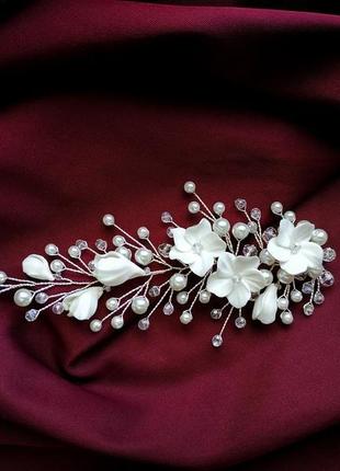 Ніжна гілочка з квітами у весільну зачіску нареченої, прикраса для волосся, гребінь, шпилька2 фото