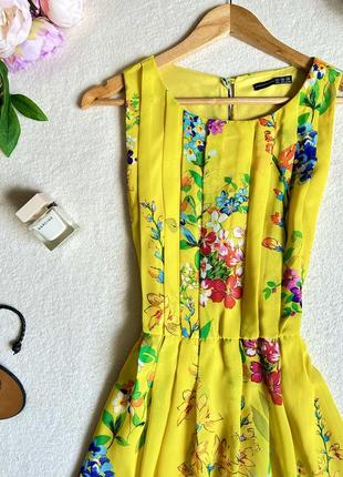 Яскраво жовте плаття в кольорах zara, яскраве літнє плаття, шифоновий сарафан, сарафан у квітах3 фото