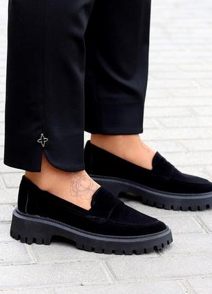 Черные женские лоферы туфли из натуральной замши замшевые лоферы