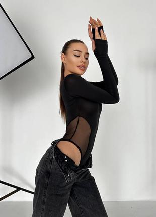 Женское черное боди с сеточкой, черный комбидресс