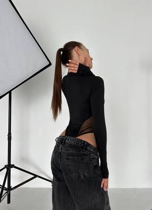 Женское черное боди с сеточкой, черный комбидресс