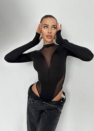 Женское черное боди с сеточкой, черный комбидресс