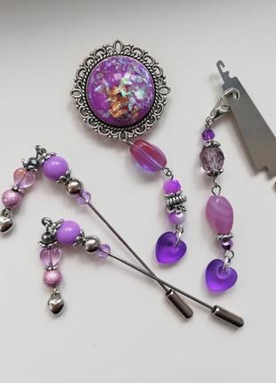 Набір аксесуарів для вишивки violet silver: рахункові голки, ігольниця, нитковтягувач з маячком2 фото