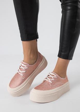 Кеды женские текстильные молочные с розовыми стразами 2302т-в