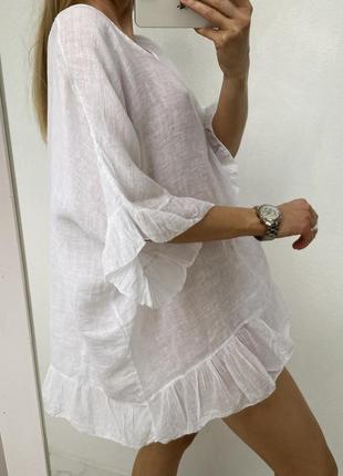 Льняная туника паутинка блуза белая с воланами хлопок лен льон лляная италия блуза2 фото