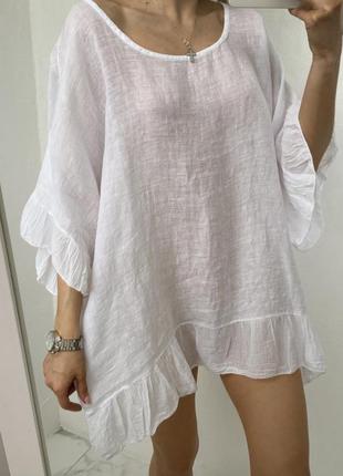 Льняная туника паутинка блуза белая с воланами хлопок лен льон лляная италия блуза8 фото