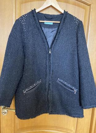 Чёрный удлинённый твидовый пиджак блейзер на молнии 54