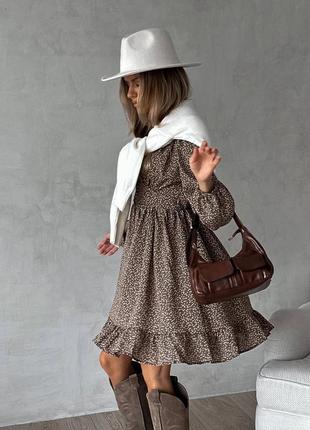 Жіноча шовкова сукня з довгим рукавом в ковбойському стилі коричнева легке приталене плаття з рукавами ліхтариками3 фото