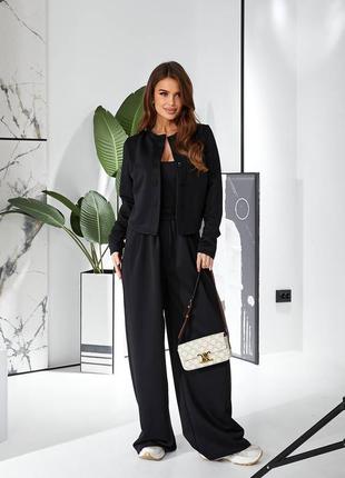 Женский прогулочный костюм с брюками палаццо петля на весну черный брючный комплект кофта и штаны палаццо