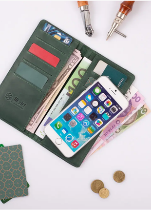 Зносостійкий зелений шкіряний гаманець на 14 карт1 фото