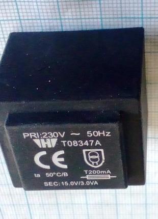Трансформатор t08347a sec:15.0v/3.0va 32×27×30 мм (15в 3вт 0.2а залитий імпортний)