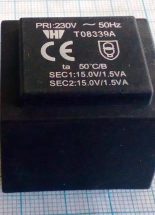 Трансформатор t08339a sec1 sec2 15.0v/1.5va 32×27×30 мм (15+15в 3вт 0.1а залитий імпортний)