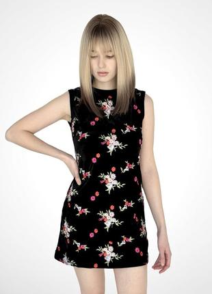 Бархатное платье с цветами без рукавов черное2 фото