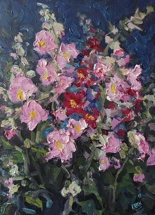 Авторская картина маслом "мальвы в саду"