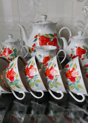 Чайный сервиз кремгэс цветок граната роспись два чайника масленка3 фото