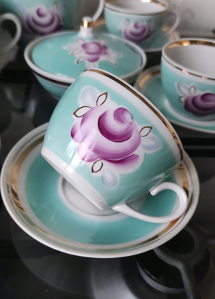 Сервиз чайный голубой полонное с позолотой чайная пара чашка3 фото