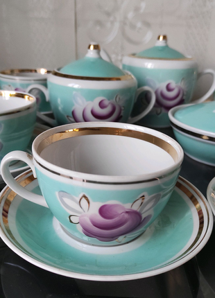 Сервиз чайный голубой полонное с позолотой чайная пара чашка7 фото
