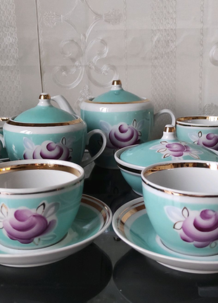 Сервиз чайный голубой полонное с позолотой чайная пара чашка8 фото