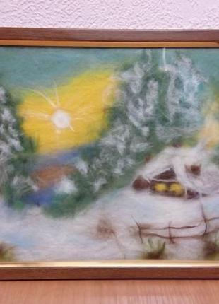 Картина из шерсти. зимний пейзаж. домик в лесу. шерстяная акварель
